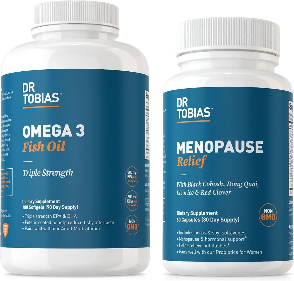 Tobias Omega 3 Huile de poisson et soulagement de la ménopause pour les femmes, soutien endocrinien avec Omega 3 essentiel, flashs chauds et suppléments de sueurs de nuit, non-OGM
