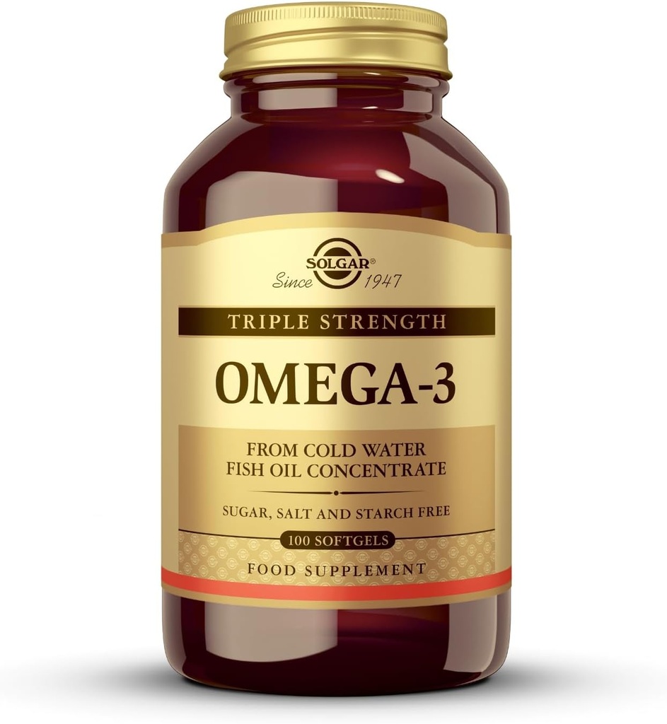 Solgar Triple Strength Omega-3 950 mg, 100 Softgels - Soutient la santé cardiovasculaire, articulaire et de la peau - Supplément santé cardiaque - Acides gras essentiels - Sans OGM, sans gluten, sans lait - 100 Compte
