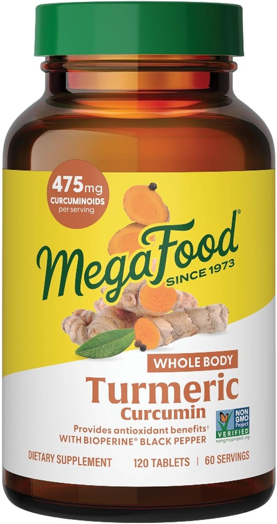 Supplément curcumine pour le corps entier Megafood - Supplément curcuma avec poivre noir et vitamine C - 475 mg Curcuminoides par portion - Antioxydants et immunosupport - Vegan - 120 comprimés, 60 portions
