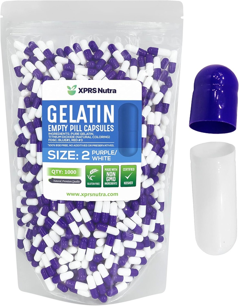 XPRS Nutra Size 2 Capsules vides - 1000 capsules de gélatine vides - Pills Bricolage Capsule Remplissage - Pure Pilule à Pilule pour Suppléments Do-It-Youlf (Purple/White)