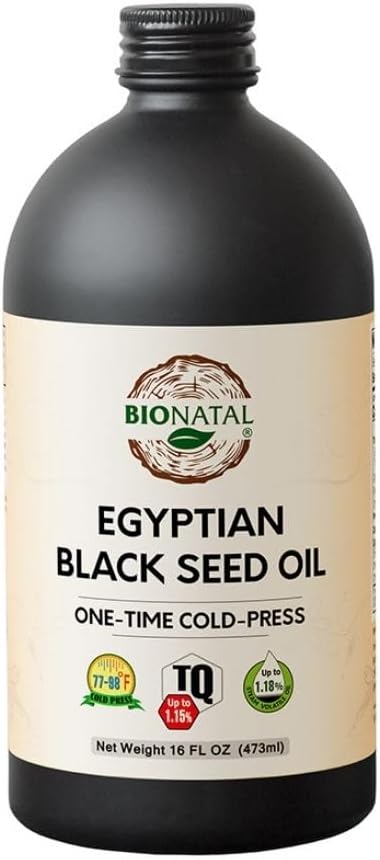 BioNatal Huile de graines noires égyptiennes – Nigella sativa pressée à froid produisant de l'huile de graines de cumin noir, non raffinée et non-fermée, haute TQ Jusqu'à 1,15% – Supporte le système immunitaire, la digestion et les articulations 16oz verre