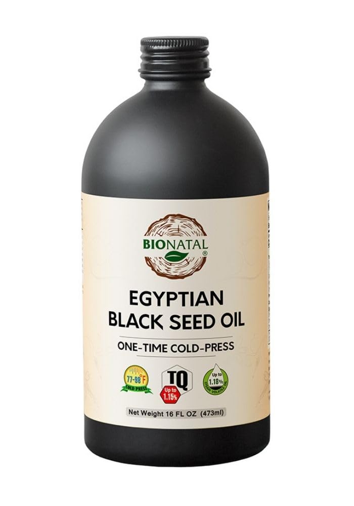 BioNatal Huile de graines noires égyptiennes – Nigella sativa pressée à froid produisant de l'huile de graines de cumin noir, non raffinée et non-fermée, haute TQ Jusqu'à 1,15% – Supporte le système immunitaire, la digestion et les articulations 16oz verre