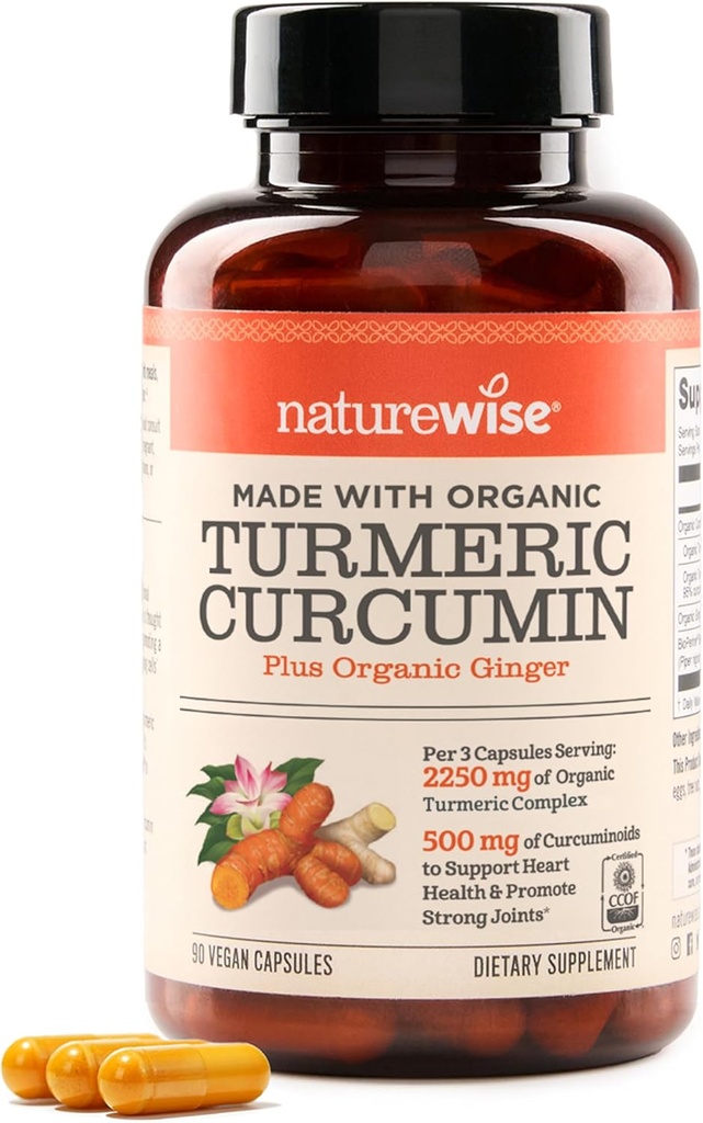 NatureWise Curcumin Turmeric 2250mg - 95% Curcuminoïdes & Extrait de poivre noir BioPerine pour l'absorption avancée - Soutien quotidien de la santé articulaire et immunitaire - Vegan, non-OGM, 90 Compte[30 jours]