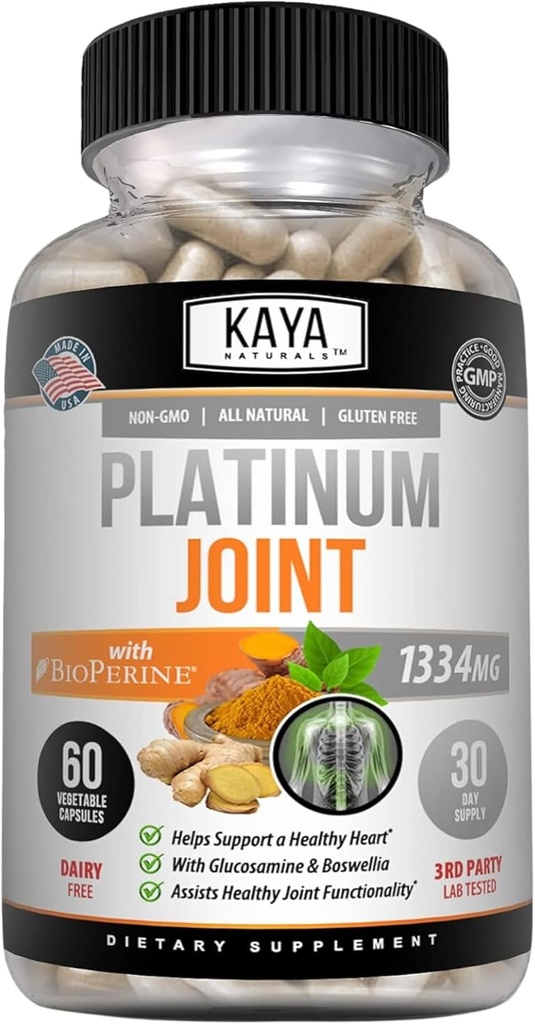 Kaya Naturals Platinum - Nature faite Biopérine, Glucosamine, Turcuma avec Boswellia, Propriétés Antioxydantes Santé, Curcumine Turcuma 1334mg - 60 Capsules