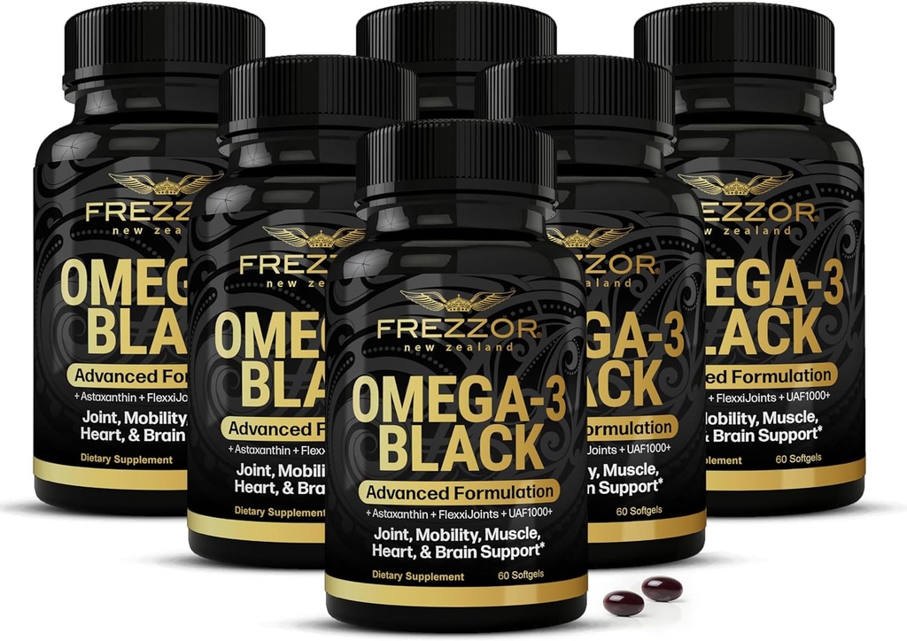 FREZZOR Omega 3 Noir pour le soin des articulations et le confort - Nouvelle-Zélande Capsules d'huile de moules à lisière verte; 53x plus haute puissance avec UAF1000+ Super antioxydant, pas d'arrière-goût de poisson, 450mg, 6-pack, 360 Softgels