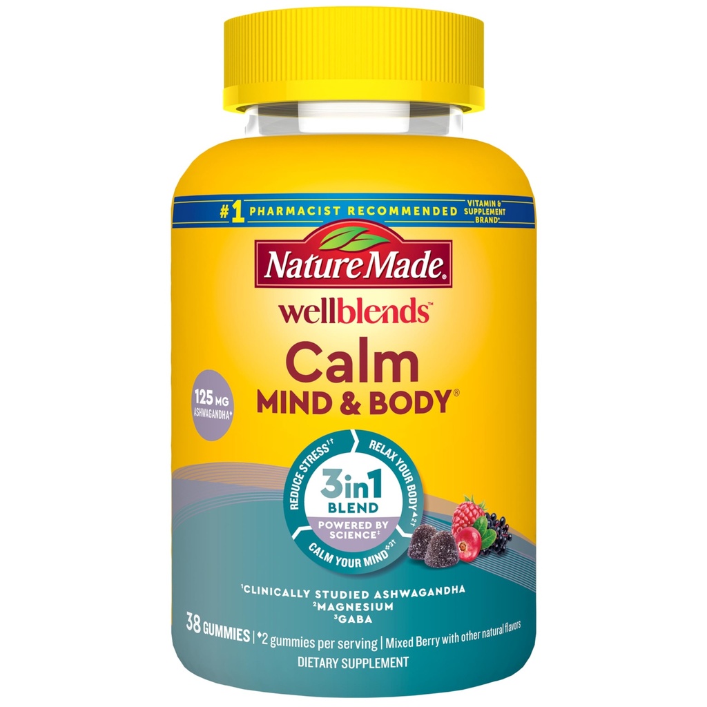 Nature faite Wellblends Calme Mind & Body, Magnésium Citrate, Ashwagandha 125mg et GABA 100mg Mélange pour soulager le stress, 38 vitamines gommy
