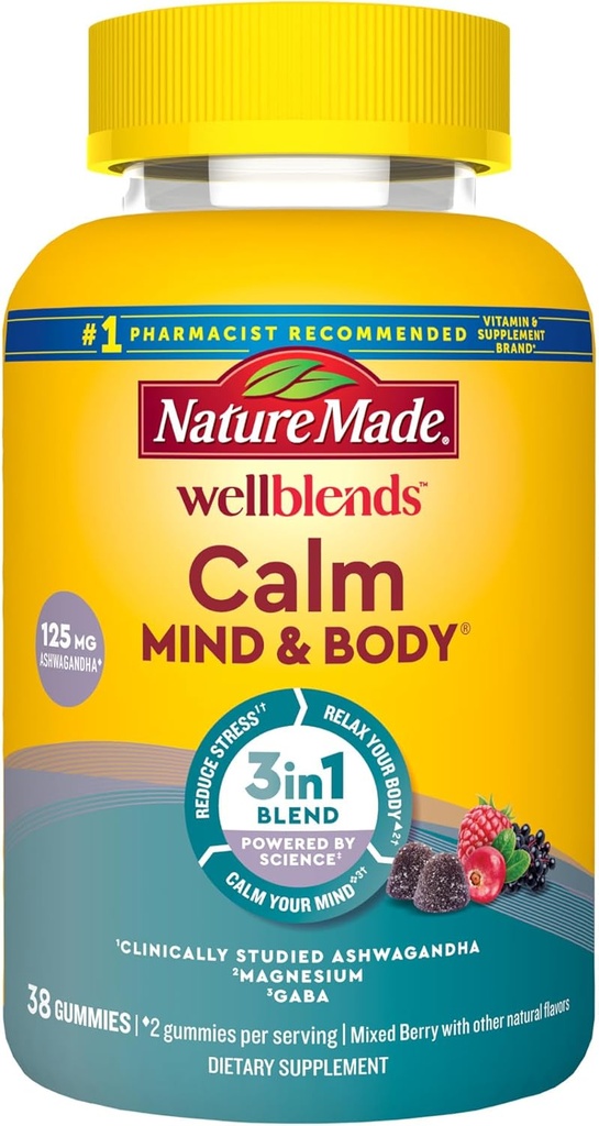 Nature faite Wellblends Calme Mind & Body, Magnésium Citrate, Ashwagandha 125mg et GABA 100mg Mélange pour soulager le stress, 38 vitamines gommy