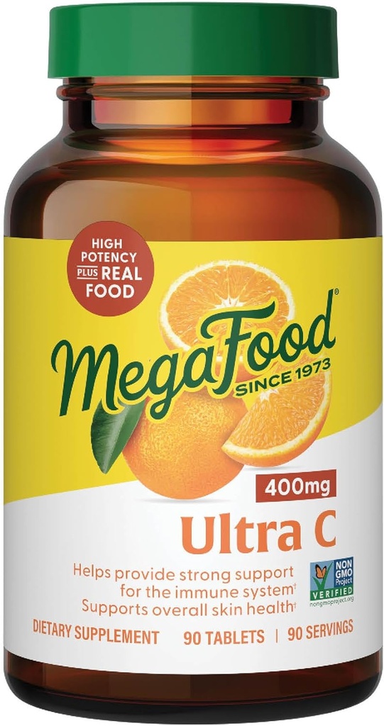 MegaFood Ultra C 400 mg - Supplément de soutien immunitaire végétalien avec vitamine C, fait avec des aliments réels incluant brocoli, carottes, canneberges et riz brun, sans gluten, casher - 90 comprimés, 90 portions