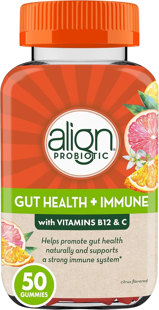 Aligner Probiotic, Gut Health & Immunity Support, Probiotic pour les femmes et les hommes, #1 Docteur Marque recommandée, Vitamine C et B12 pour Immuni Support & Energy, Citrus Flavor, 50 Gummies