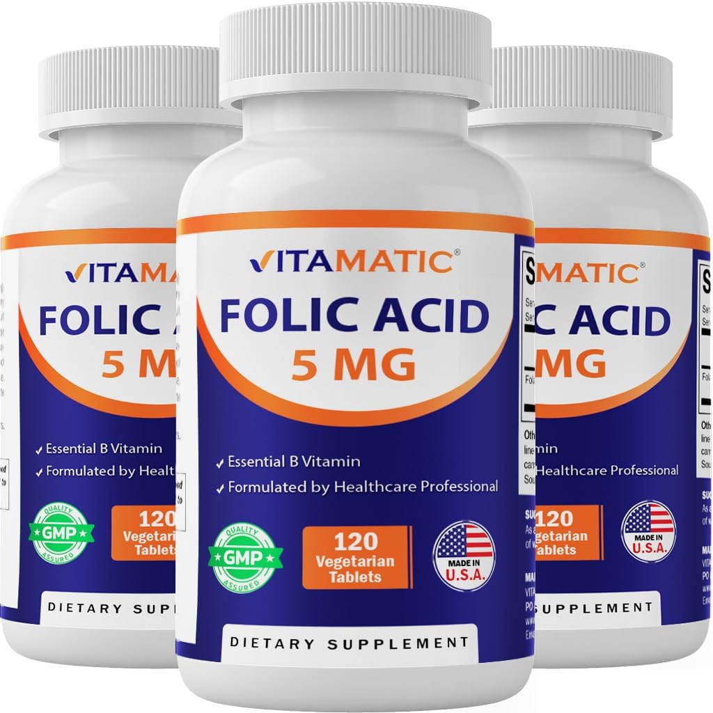 Acide folique vitamatique 5mg (5000 mcg) – 120 comprimés végétariens par bouteille – vitamine B9 (folate) – 3-packs