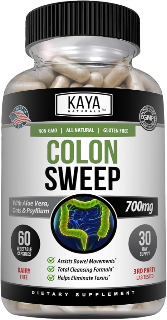 Kaya Naturals Colon Sweep.com Nettoyer le colon 30 jours rapidement avec des herbes et des probiotiques, soutient les mouvements sains de Bowel, formule nettoyante avec fibre, non-OGM - 60 capsules