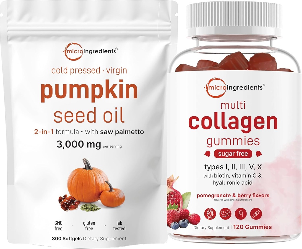 Micro-ingrédients Huile de graines de citrouille avec Saw Palmetto 3000mg Softgels & Multi Collagen Peptide Gummies