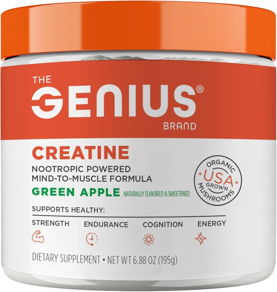Genius Micronized Creatine Poudre monohydratée, Supplément post entraînement, pomme verte - 100% naturellement aromatisé et sucré - supporte la construction musculaire, l'énergie cellulaire et la fonction cognitive – 195g