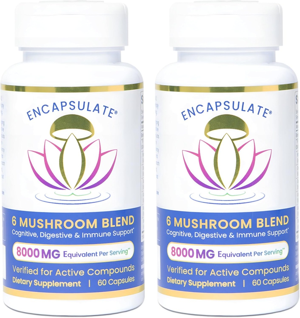 ENCAPSULATE 6 Mélange de champignons – Reishi, Chaga, Turkey Tail, Cordyceps, Lion, Mane & Shiitake 8:1 Extrait de champignons – Supplément de champignons nootropes et adaptogènes pour Gut, Cerveau et Immunissance - 120 capsules