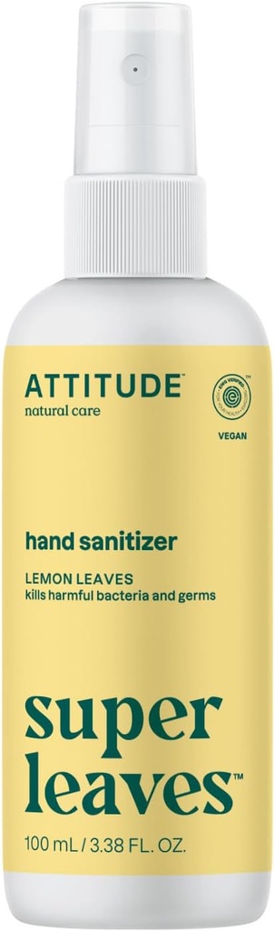 ATTITUDE Spray d'assainissement des mains, EWG Vérifié, Tue Germs & Bactérie, Vegan & Plant-Based, Sans danger pour les adultes et les enfants, Feuilles de citron Scent, 3,38 Fl Oz (Bouteille de pulvérisation)