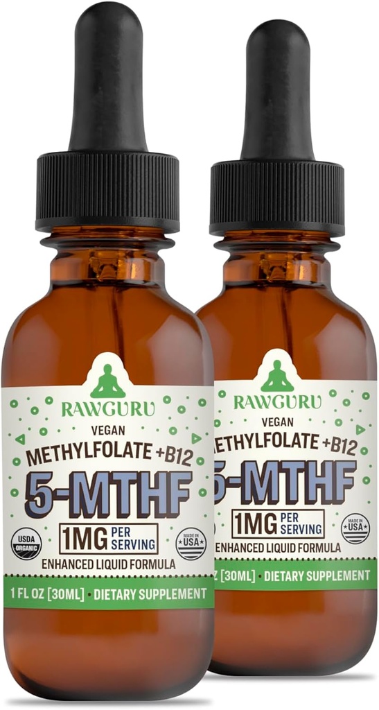 RawGuru Méthylfolate 1mg+ Vitamine B12 - Organic Vegan Méthylated B12 avec des minéraux traces - Nano-processé et formule liquide améliorée - 300 portions de gouttes végétaliennes par 30 ml, boîte de 2