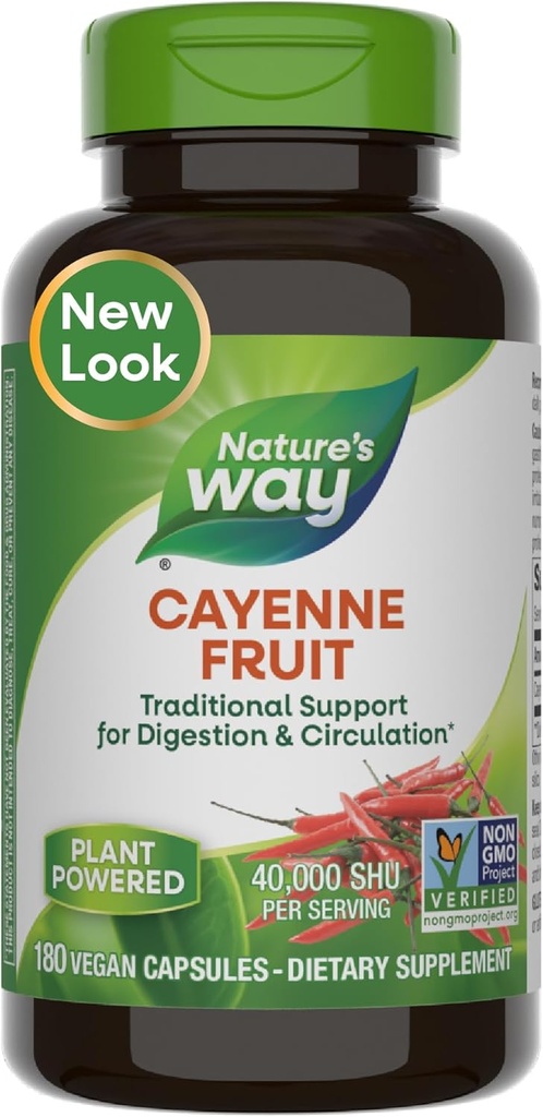 Nature's Way Cayenne Pepper Capsules, Digestion traditionnelle et support de circulation*, Capsaicin, Projet non OGM vérifié, sans gluten, 180 capsules végétaliennes (paquetage mai Vary)