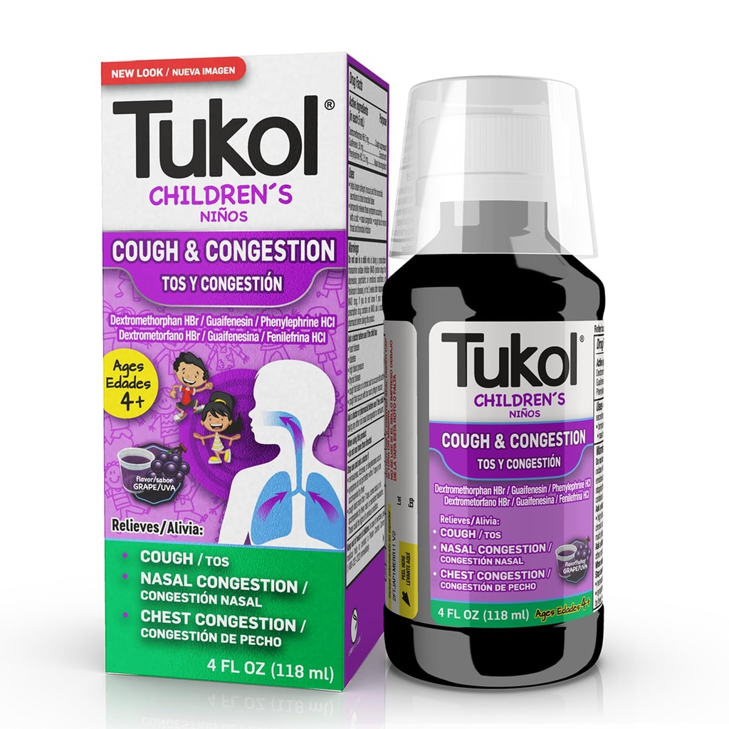 TUKOL Médecine de la toux pour enfants - Soulagement de la toux et de la congestion, Suppresseur de la toux thoracique pour les enfants, Médecine du rhume et de la toux pour les enfants, Sirop de la toux pour les enfants âgés de 4 ans et plus Arôme de raisin 4 FL OZ