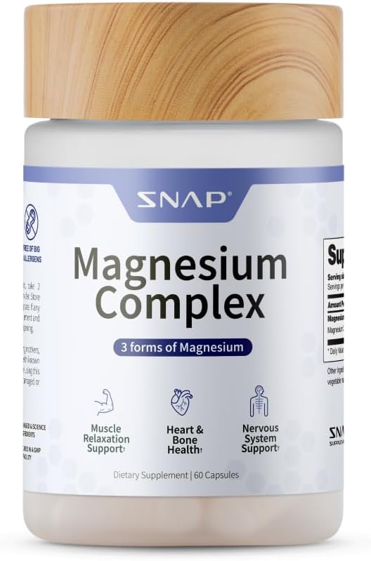Suppléments Snap 3-en-1 Supplément complexe de magnésium, Bisglycinate de magnésium, Oxyde, Citrate, Complexe triple de magnésium, 60 Capsules