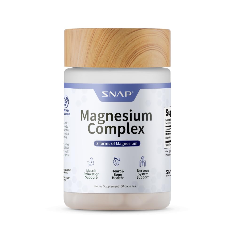 Suppléments Snap 3-en-1 Supplément complexe de magnésium, Bisglycinate de magnésium, Oxyde, Citrate, Complexe triple de magnésium, 60 Capsules