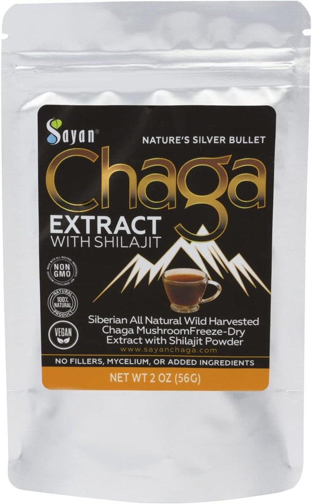 Extrait de champignons sayan sibérien Chaga avec poudre de chilajit (2 oz) – Thé antioxydant biologique – Système immunitaire et de digestion – Supplément acide fulvic – Énergie et clarté – Pas de remplissage