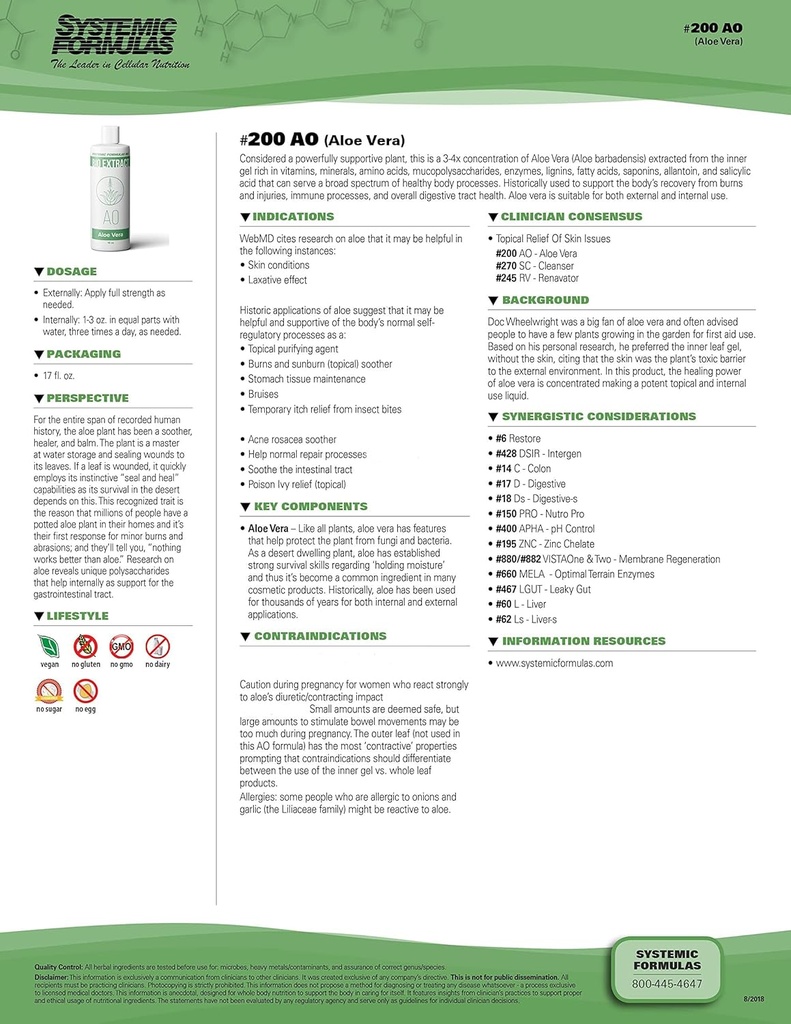 Formules systémiques AO – Aloe Vera 16 Fl Oz BioExtract #200. 3-4x Concentration d'Aloe Vera Extrait de Gel Intérieur Rich. pour une utilisation interne et externe.