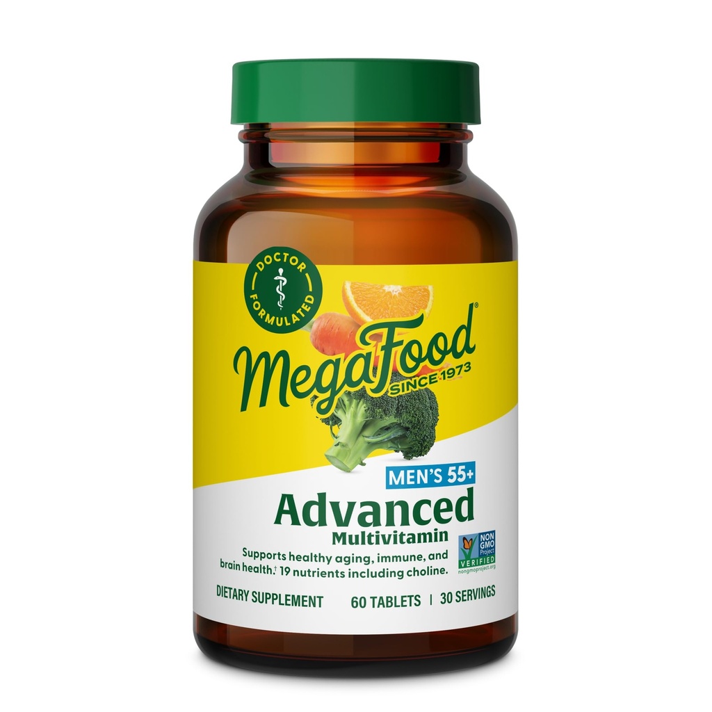 Multivitamine avancée MegaFood pour les hommes 55+, Multivitamines masculines 50 Plus, Méthylé B12, Folate de méthyle, Choline, Vitamine D, Santé du cerveau et des muscles, Soutien immunitaire, Végétarien - 60 comprimés (30 portions)