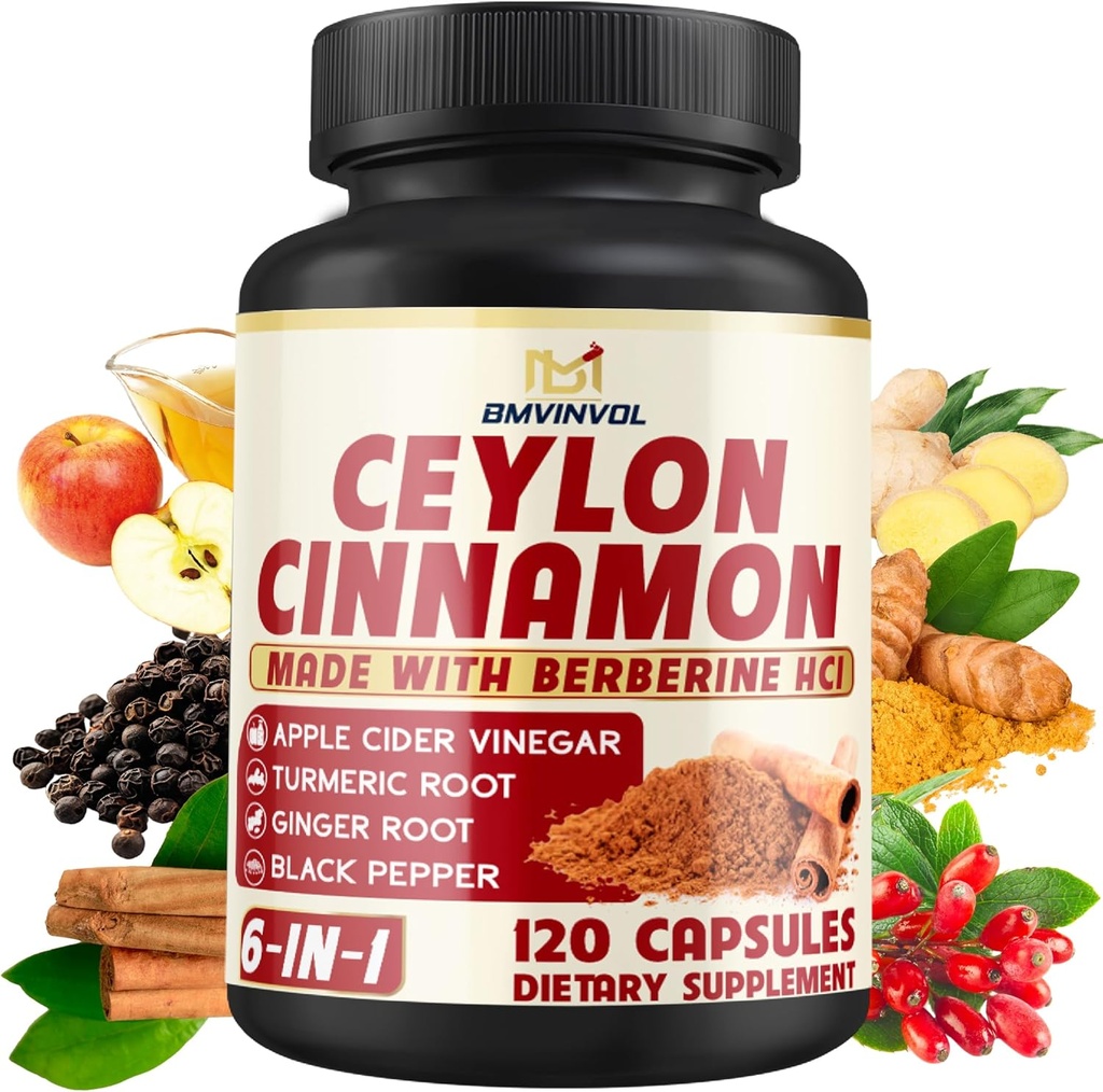 Ceylan Capsules de cannelle avec HCl berbère, vinaigre de cidre de pomme, curcuma, ginseng, poivre noir - 6in1 pour soutenir la fonction immunitaire - 120 Compte