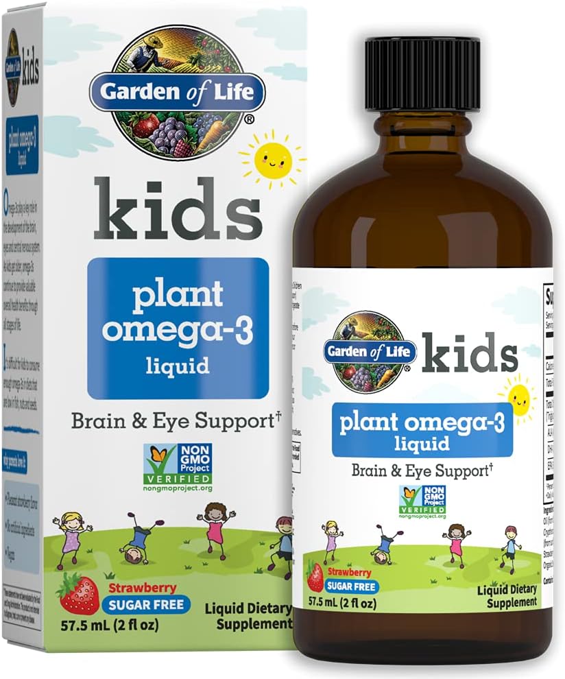 Jardin de la vie Les enfants plantent Omega-3 liquide, fraise - Vegan Cerveau & Eye Support pour les enfants, à base de plantes Omega 3 ALA, DHA & EPA Supplément pour les enfants, sans sucre et non-OGM - 2 fl oz liquide