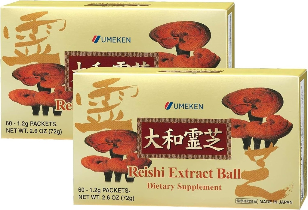 Umeken Reishi Balles d'extrait de champignons, concentré, supplément de champignons japonais Reishi avec bêta glucan, concentré en format de boule, 4 mois d'approvisionnement, 60 paquets, paquet de 2