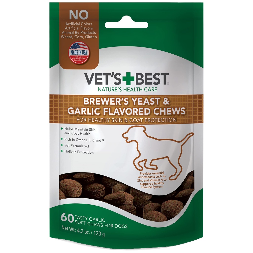Meilleurs Brewers de Vet Chews de levure et d'ail, Omega 3 pour chiens Healthy Peau & Coat Protection pour chiens, chien formulé avec la posologie recommandée vétérinaire, suppléments d'ail, 60 ct