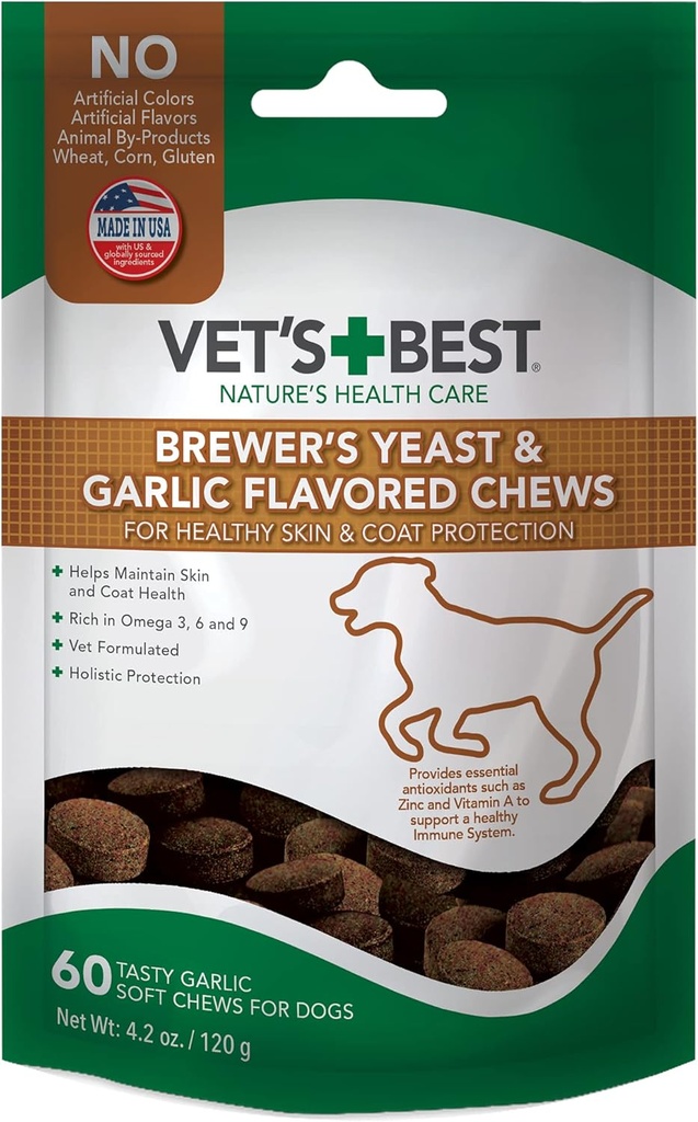 Meilleurs Brewers de Vet Chews de levure et d'ail, Omega 3 pour chiens Healthy Peau & Coat Protection pour chiens, chien formulé avec la posologie recommandée vétérinaire, suppléments d'ail, 60 ct