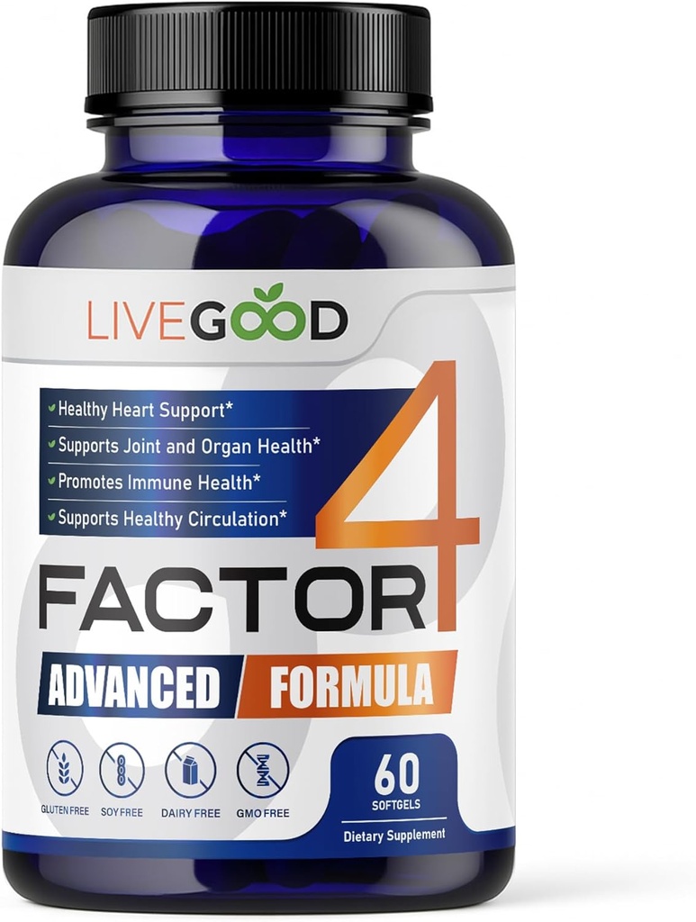 LIVEGOOD™ Factor 4, Omega 3 Fish Oil with EPA & DHA, CoQ10, and Turmeric, Advanced Q10 Coenzyme & CoQ10 Supplements, DHA Supplements for Heart, Joint & Immune Support, Made in USA, 60 Count,