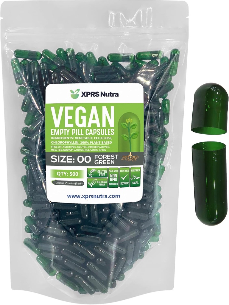 XPRS Nutra Taille 00 Capsules vides - 500 Compte Capsules vides végétaliens - Pilules vides végétariennes - Bricolage Gélule végétale Remplissage- Caps de pilules végétariennes (vert forest)