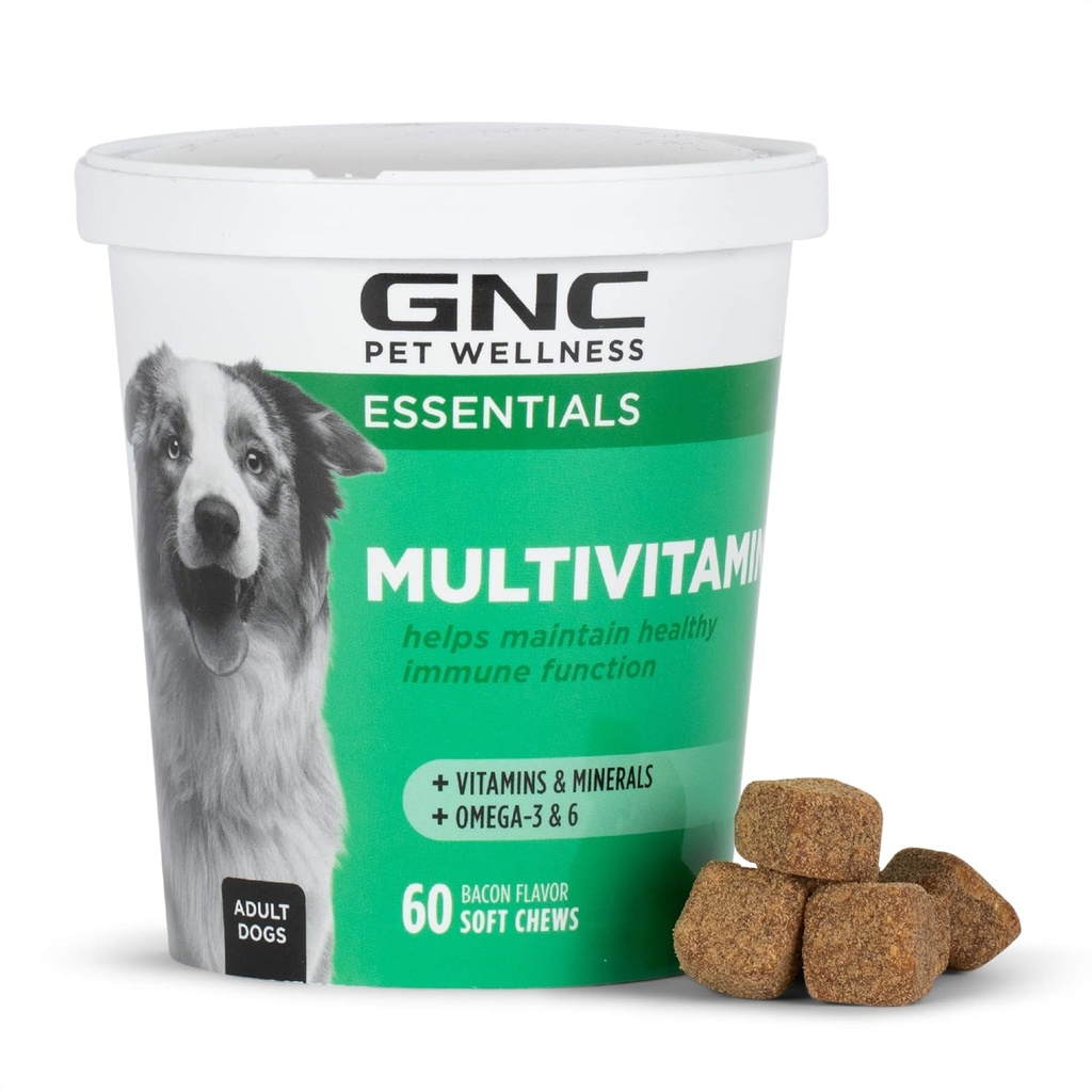 GNC Animaux de compagnie Essentiels Chien Multivitamine Soft Chews, Salmon Oil Dog Supplément à Bacon Flavor, Immune Booster et Skin and Coat Support Chewable with Vitamines & Minerals, 60 Compte