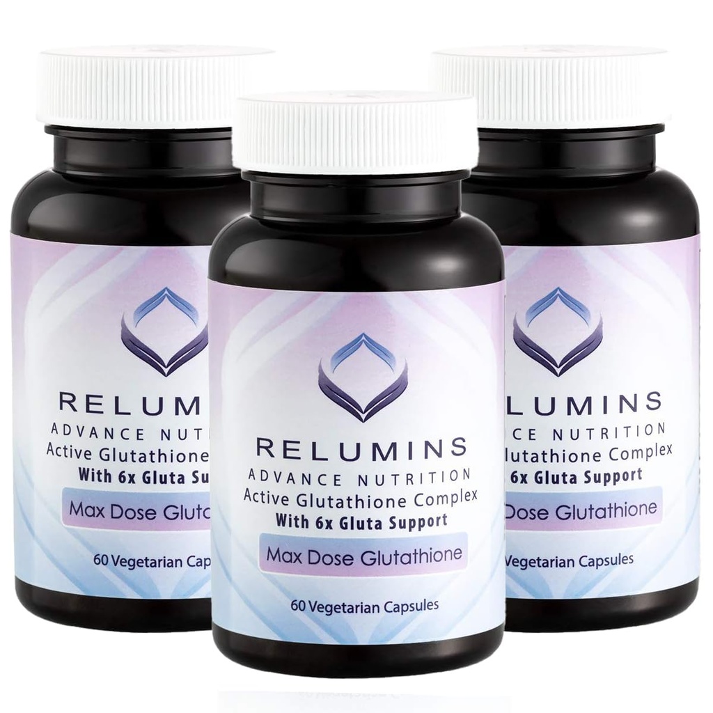 Relumins Advance White Active Glutathion Complex - Max Dose 900mg Glutathion avec 6X Boosters, ALA & NAC - Supplément d'éclaircissement cutané anti-âge - 60 capsules x 3 bouteilles