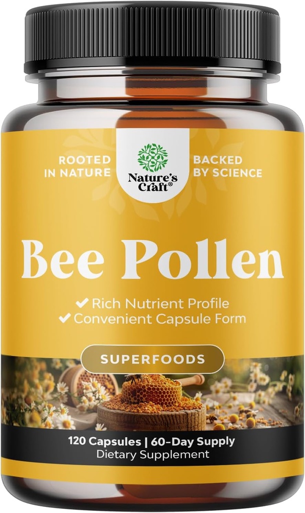 Pilules de pollen d'abeille pour la croissance mammaire 120 Ct - Supplément de pollen d'abeille 1000mg Servir avec des vitamines B naturellement présentes Minéraux et enzymes - Supplément de soutien mammaire - Végétarien Non-OGM et sans gluten