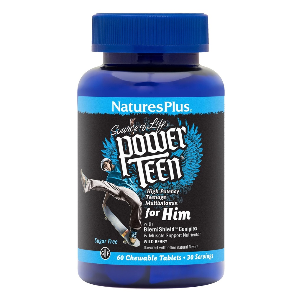 Natures Plus de puissance Adolescents pour lui - 60 comprimés à croquer, Berry sauvage - Multivitamine d'adolescents de haute puissance - sans sucre, végétarien, sans gluten - 30 portions