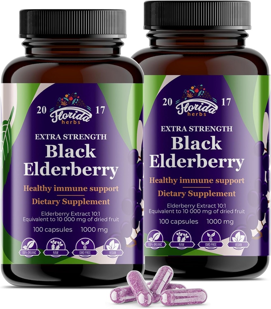 Capsules Black Elderberry : 200 Nombre - 10 000mg , Sambucus Vitamines de Elderberry, Non-OGM, Sans gluten, Extrait de Elderberry biologique Sambucus Nigra - 200 Capsules Vegan - Pack de 2
