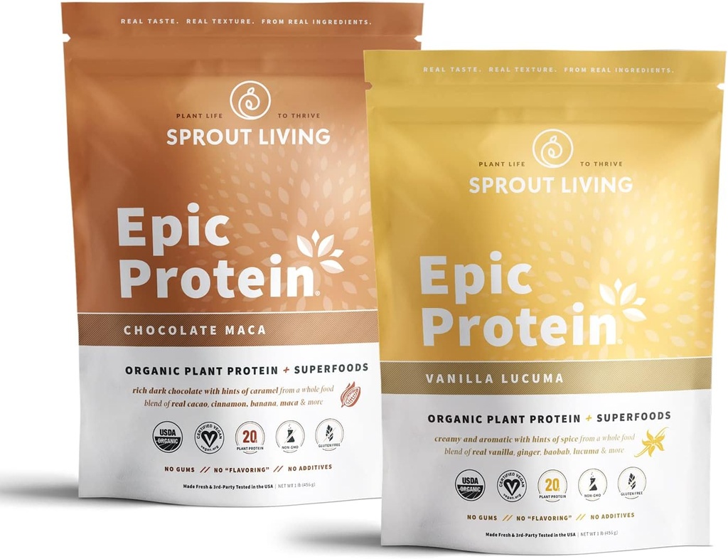 Sprout Living Epic Protein Bundle - Chocolate Maca & Vanilla Lucuma (20g de poudre végétale biologique de protéines, végétalien, sans gluten, superaliments)