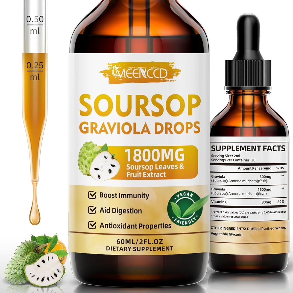 Soursop Graviola gouttes liquides 1800mg, Antioxydant naturel, Support cellulaire et régénération, Immune Boost, Soursop Bitters liquide, sans sucre, non-OGM, végétalien, saveur orange, 2 FL OZ