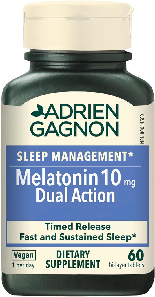 Adrien Gagnon - Melatonin 10mg, Dual Action Time Release Melatonin for Deep Sleep, Aide naturelle au sommeil pour les adultes Extra Strength, 60 Vegan Melatonin comprimés rapidement dissous