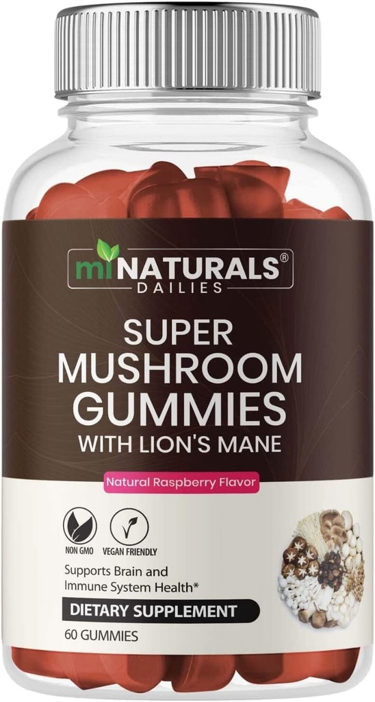 MINATURAUX Super Gommies de Champignons pour Adultes, Supplément de Champignons 10X avec/Lions Mane, Soutiens Cerveau et système immunitaire Santé, Pas plus de pilules et capsules