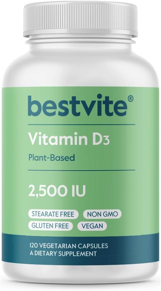 BESTVITE Vitamine végétale D3 2500 UI (120 gélules végétariennes) - Pas de stéarate - Vegan - Non OGM - Sans gluten