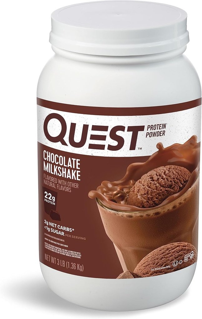Quest Nutrition Chocolat milkshake poudre de protéines, 22g de protéines, 1g de sucre, faible teneur en glucides, sans gluten, 3 livres, 43 portions