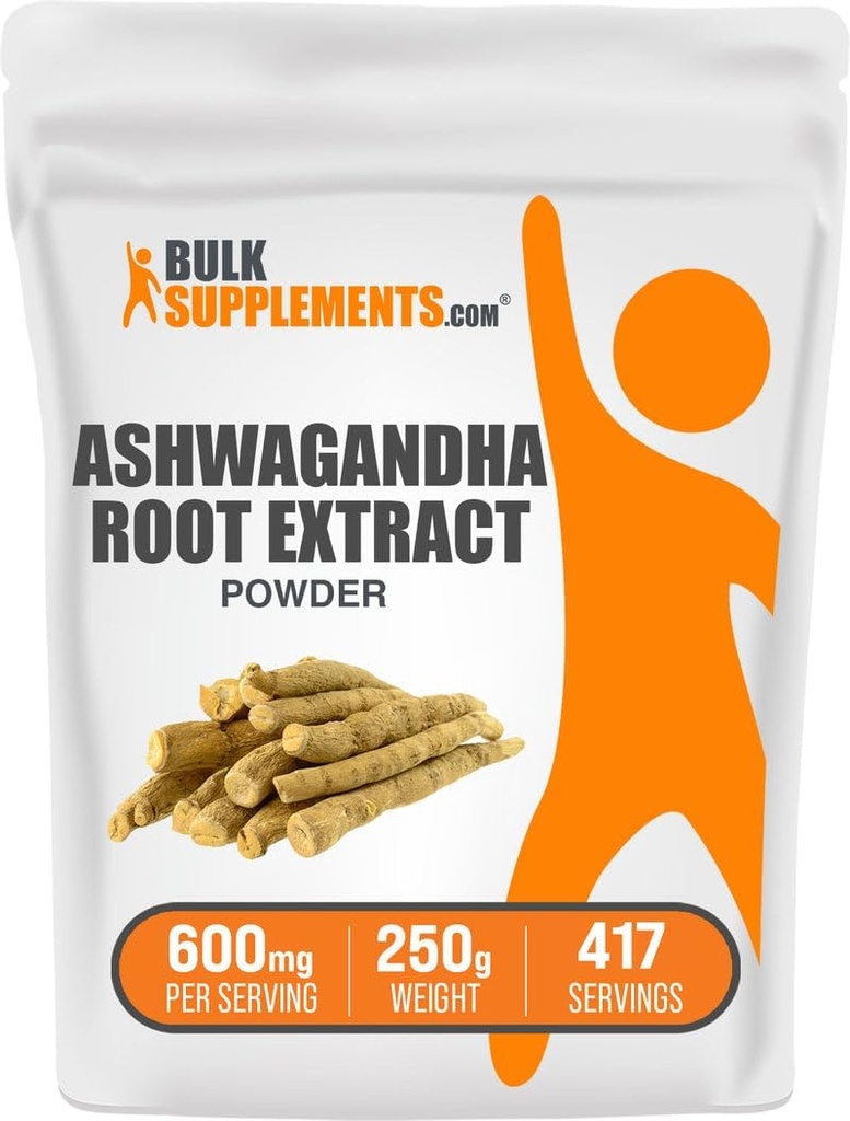 BulkSupplements.com Poudre d'extrait de racine Ashwagandha - supplément Ashwagandha, supplément à base de plantes - végétalien et sans gluten, 600mg par portion, 250g (8,8 oz) (paquet de 1)
