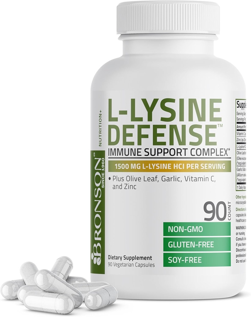 Bronson L-Lysine Defense Immune Support Complexe 1500 MG L-Lysine Plus Olive Leaf, Ail, Vitamine C et Zinc - Non-OGM, 90 Capsules végétariennes