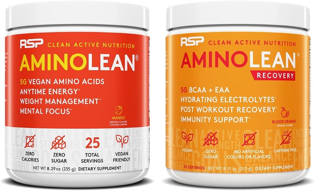 RSP NUTRITION Vegan AminoLean Pre Workout Energy (Mango 25 services) avec AminoLean Recovery Post Workout Boost (Blood Orange 30 services)