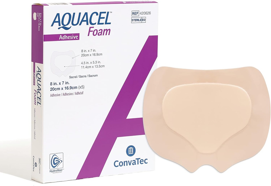 ConvaTec AQUACEL Foam 8"x7" Sacral Wound Dressing with Silicone Gel Adhesive, Waterproof, Flexible, Medical Grade with Hydrofiber Technology, Sterile, Rectangle, 5ct Box