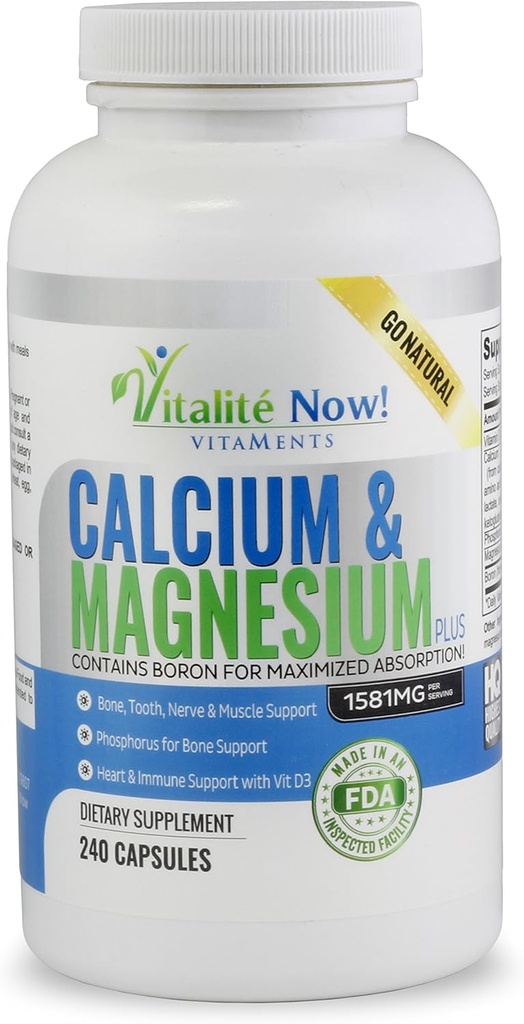 Meilleur Calcium et Magnésium + Vitamine D3 400 UI - Très Absorbable avec Boron - 10 formes de Calcium + Phosphore pour la force osseuse - Toutes naturelles - 240 capsules - 2 mois d'approvisionnement!